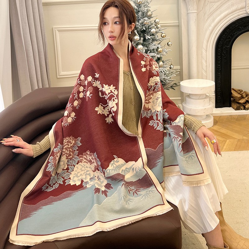 Cashmere Pashmina Wrap - แฟชั่นฤดูหนาวใหม่ผ้าคลุมไหล่ผ้าพันคอผ้าพันคอผู้หญิงดอกไม้พิมพ์ Pashmina หนาผ้าพันคอหญิง Poncho Echarpe ผ้าพันคอ