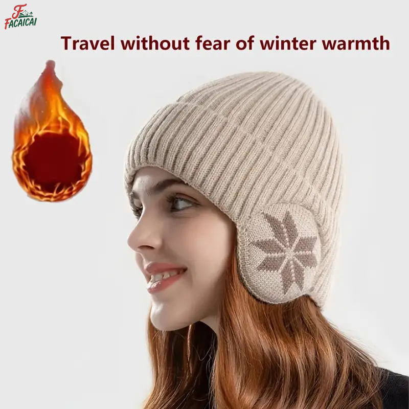 Knit Beanie Hat Warm - หมวกไหมพรมบุขนสำหรับฤดูหนาว 1 ชิ้น พร้อมที่ปิดหู หมวกแฟชั่นสำหรับผู้ชายและผู้หญิง สวมใส่กลางแจ้ง